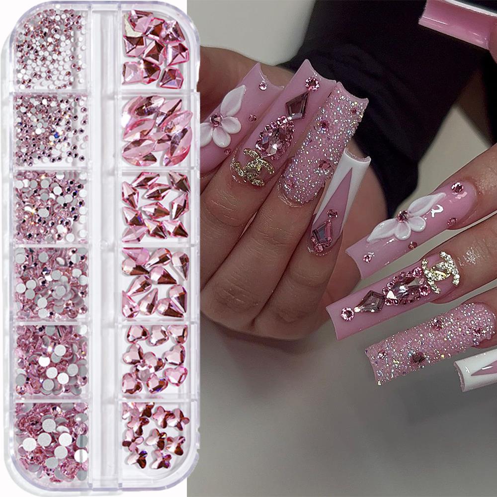 Nail Art Valentines Day - 12칸 3D 핑크 네일아트 라인스톤 믹스