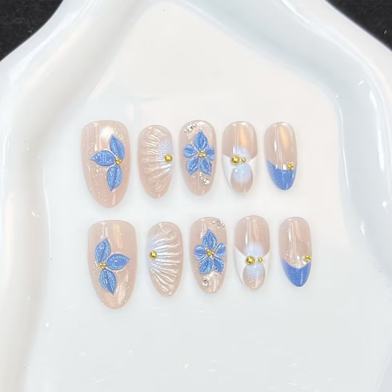 Nail Art Pink - 10개입, 핑크, 파랑, 노랑 색상의 플로럴
