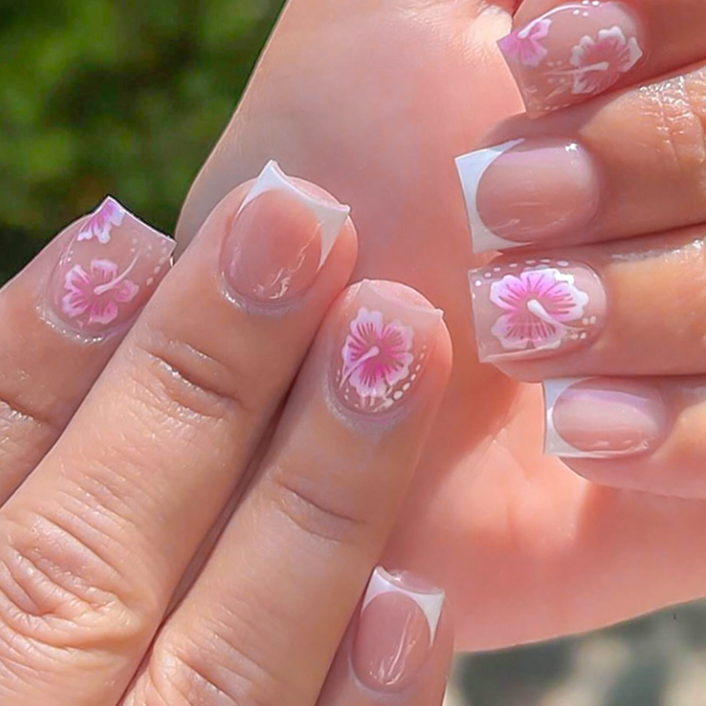 24Pcs 프랑스어 꽃 거짓 손톱 핑크 히비스커스 디자 - Nail Art Press On 리뷰 및 가격