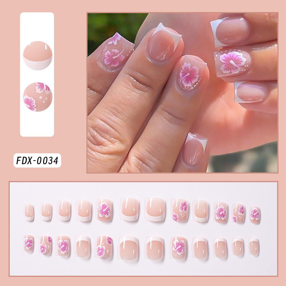 24Pcs 프랑스어 꽃 거짓 손톱 핑크 히비스커스 디자 - Nail Art Press On 리뷰 및 가격